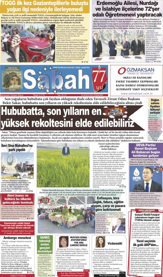 4 Mayıs 2023 Gaziantep Sabah Gazetesi
