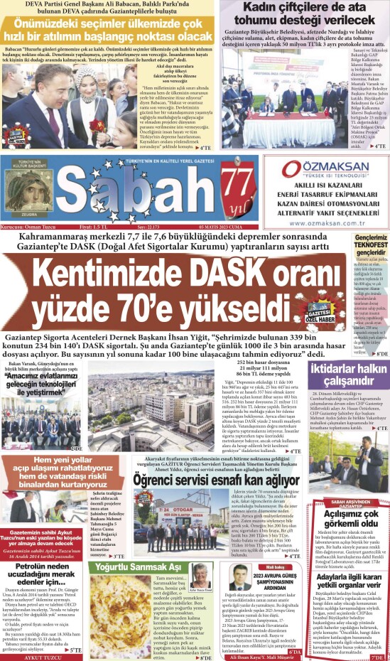 5 Mayıs 2023 Gaziantep Sabah Gazetesi