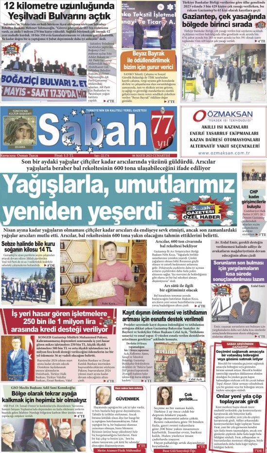 6 Mayıs 2023 Gaziantep Sabah Gazetesi