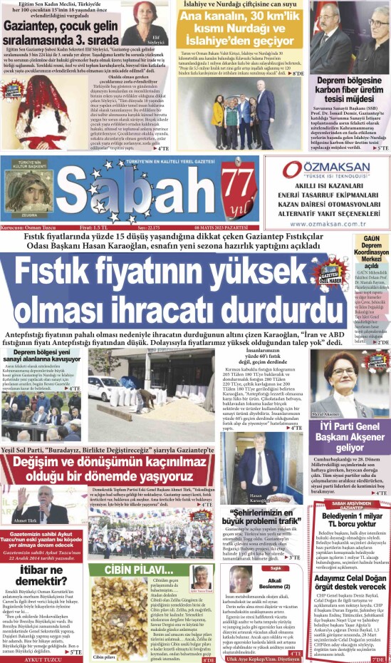 8 Mayıs 2023 Gaziantep Sabah Gazetesi