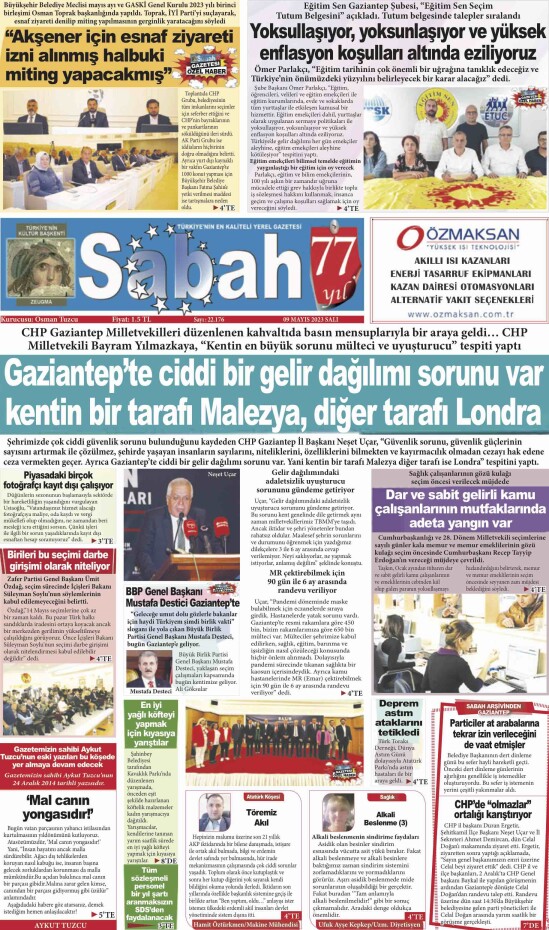 9 Mayıs 2023 Gaziantep Sabah Gazetesi