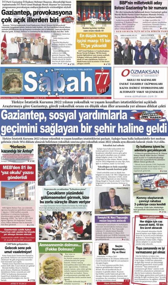 10 Mayıs 2023 Gaziantep Sabah Gazetesi
