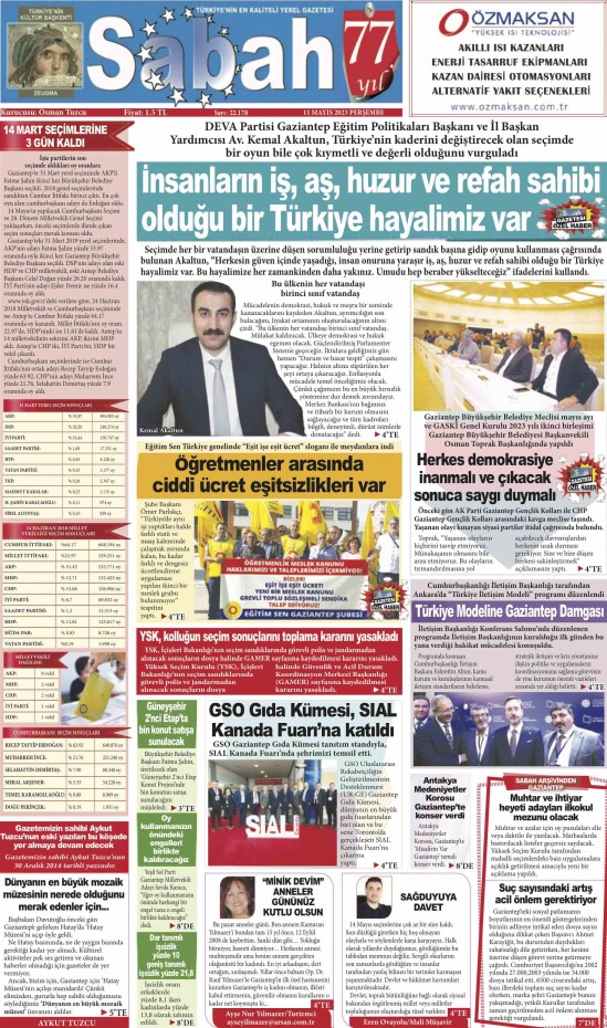 11 Mayıs 2023 Gaziantep Sabah Gazetesi