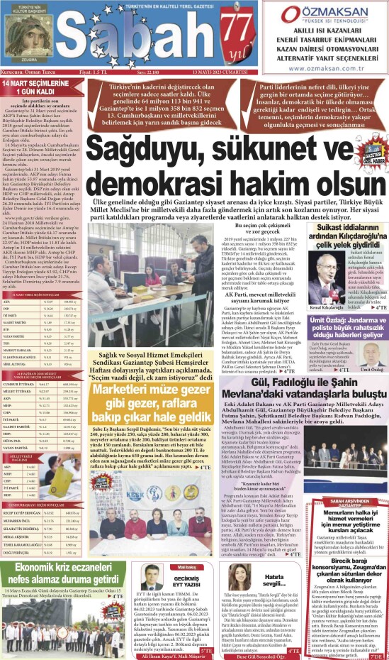 13 Mayıs 2023 Gaziantep Sabah Gazetesi