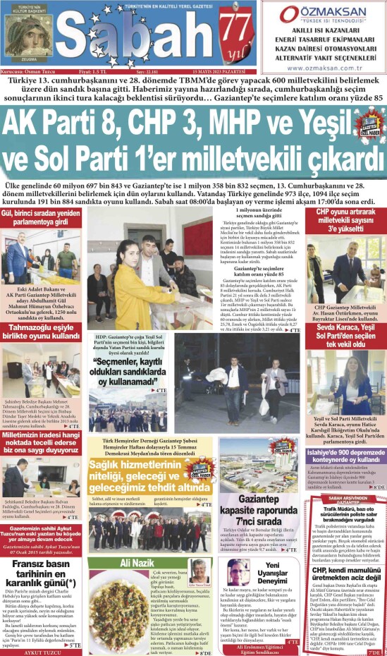 15 Mayıs 2023 Gaziantep Sabah Gazetesi
