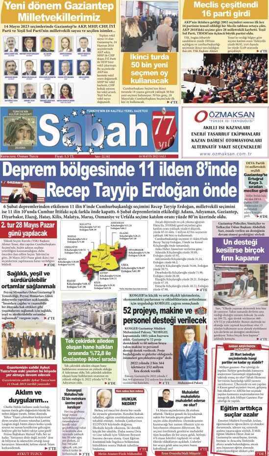 16 Mayıs 2023 Gaziantep Sabah Gazetesi