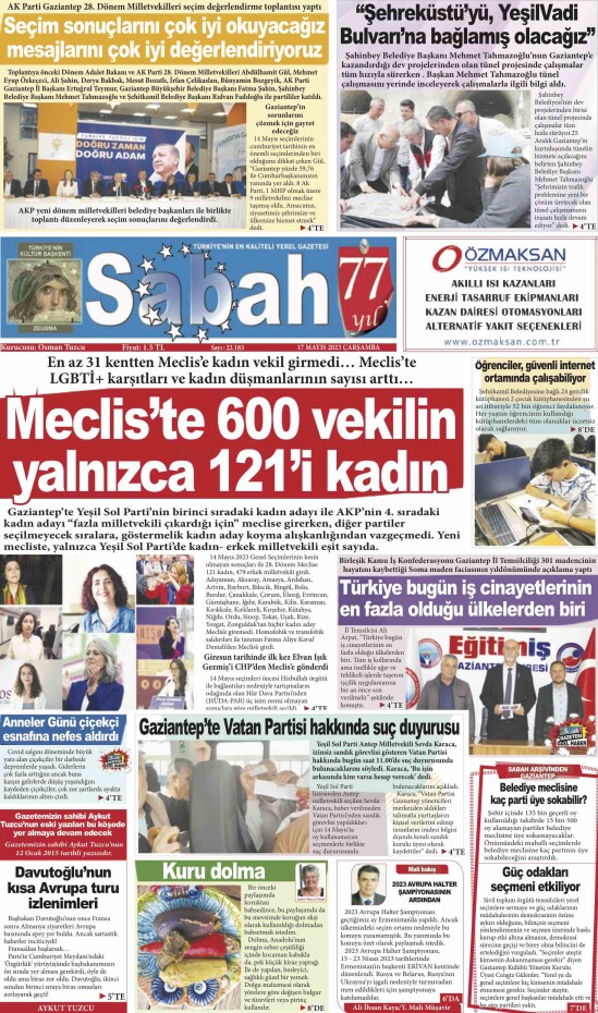 17 Mayıs 2023 Gaziantep Sabah Gazetesi