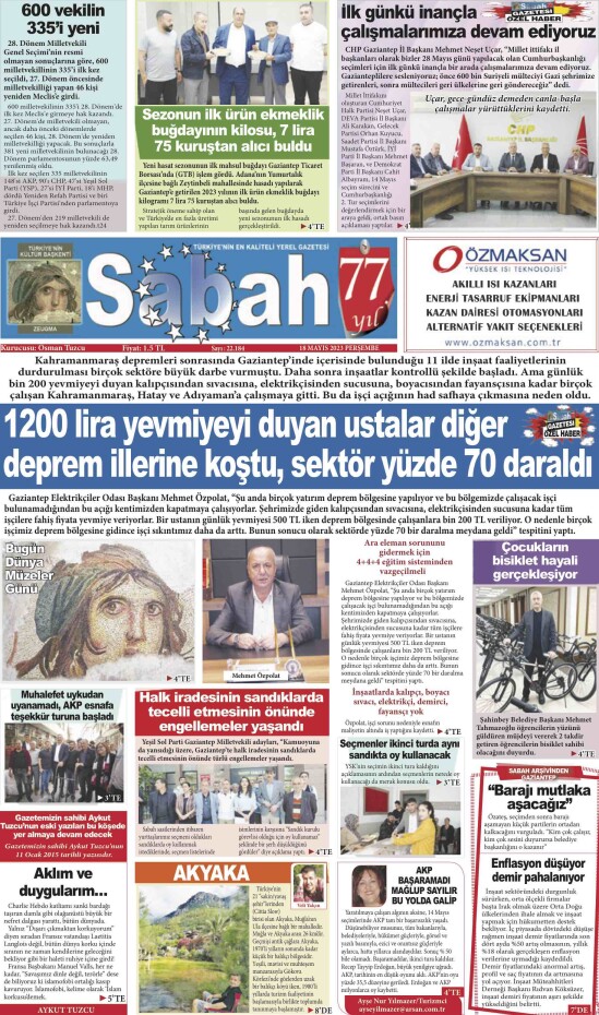 18 Mayıs 2023 Gaziantep Sabah Gazetesi