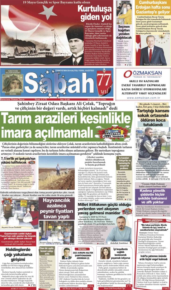 19 Mayıs 2023 Gaziantep Sabah Gazetesi