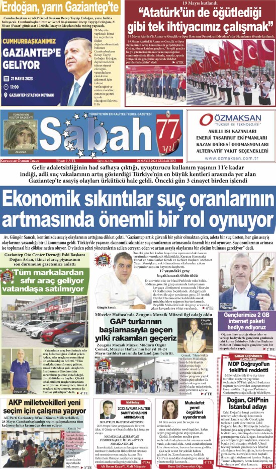 20 Mayıs 2023 Gaziantep Sabah Gazetesi