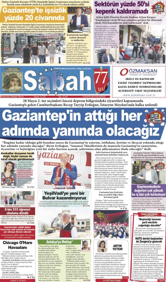 22 Mayıs 2023 Gaziantep Sabah Gazetesi