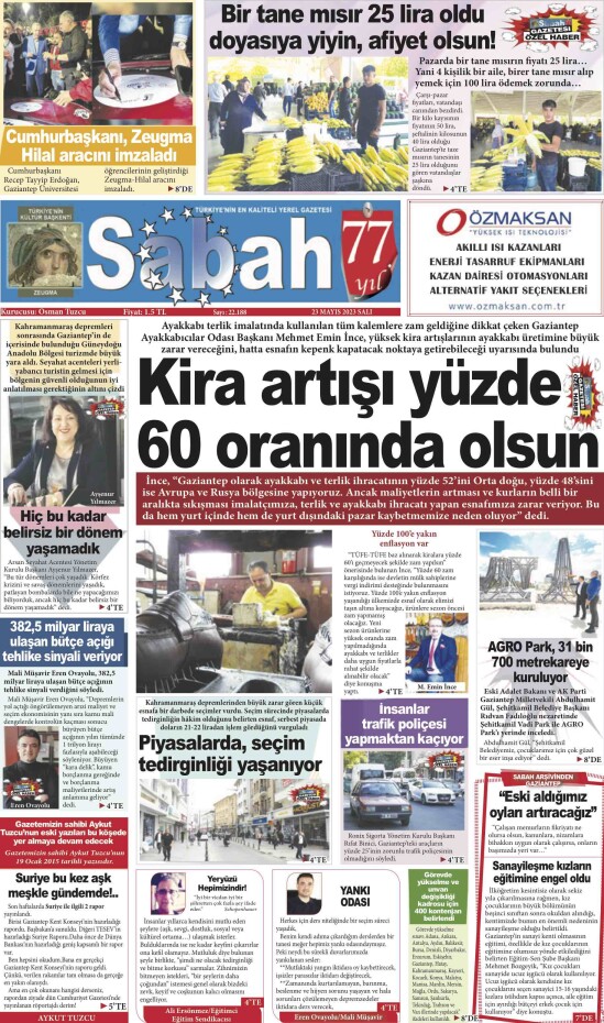 23 Mayıs 2023 Gaziantep Sabah Gazetesi