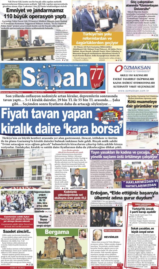 24 Mayıs 2023 Gaziantep Sabah Gazetesi