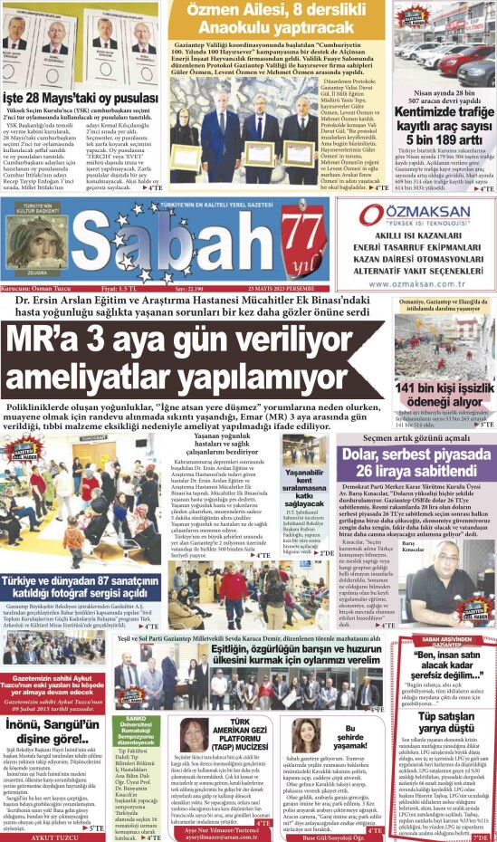 25 Mayıs 2023 Gaziantep Sabah Gazetesi