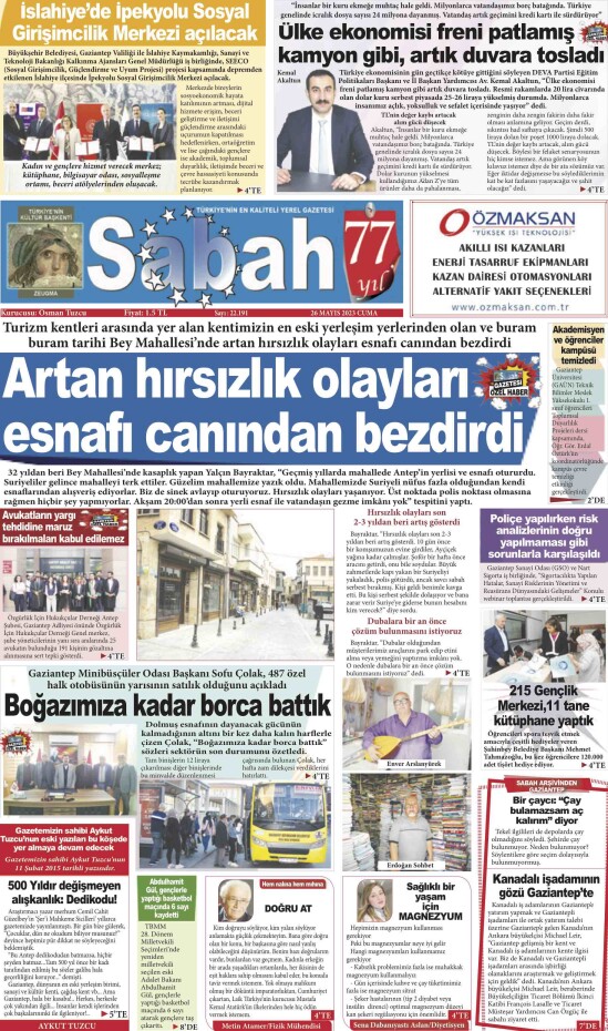 26 Mayıs 2023 Gaziantep Sabah Gazetesi