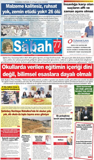 13 Eylül 2023 Gaziantep Sabah Gazetesi