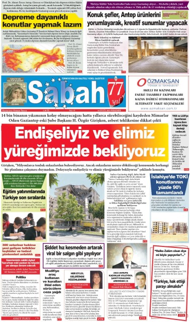 14 Eylül 2023 Gaziantep Sabah Gazetesi
