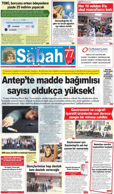 19 Eylül 2023 Gaziantep Sabah Gazetesi