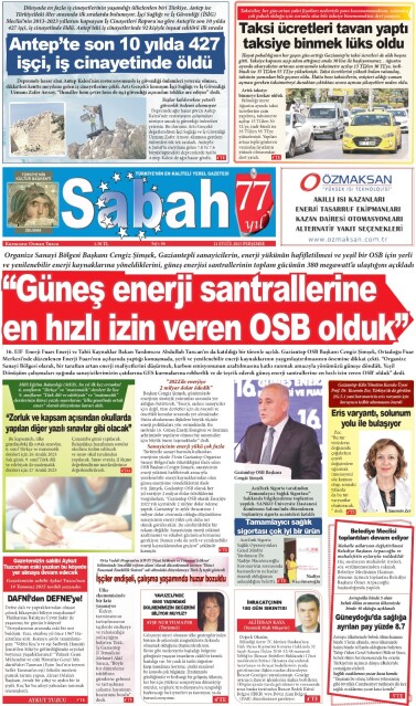 21 Eylül 2023 Gaziantep Sabah Gazetesi