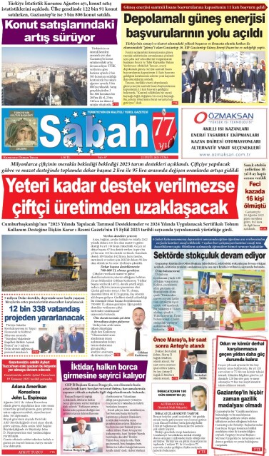 22 Eylül 2023 Gaziantep Sabah Gazetesi