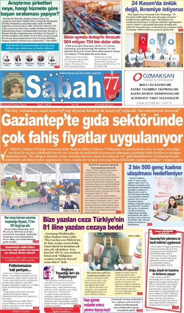 07 Kasım 2023 Gaziantep Sabah Gazetesi