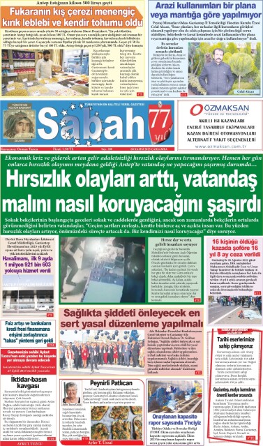 08 Kasım 2023 Gaziantep Sabah Gazetesi