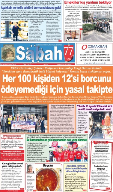 16 Kasım 2023 Gaziantep Sabah Gazetesi