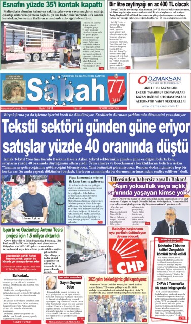 17 Kasım 2023 Gaziantep Sabah Gazetesi