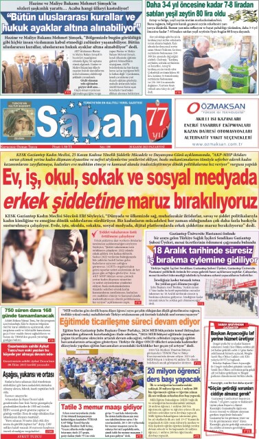 20 Kasım 2023 Gaziantep Sabah Gazetesi