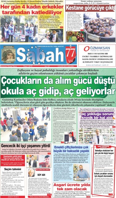 22 Kasım 2023 Gaziantep Sabah Gazetesi