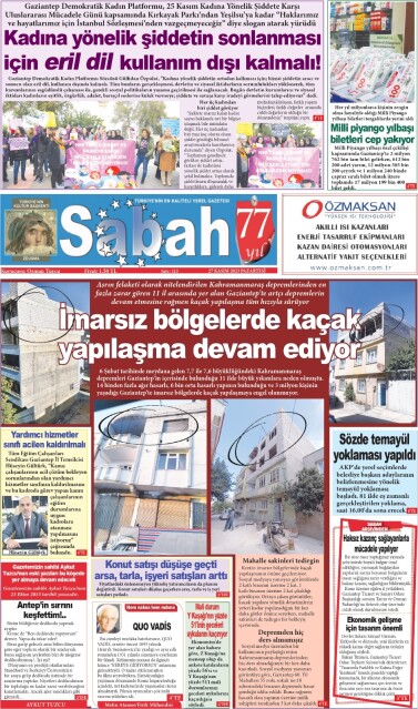 27 Kasım 2023 Gaziantep Sabah Gazetesi