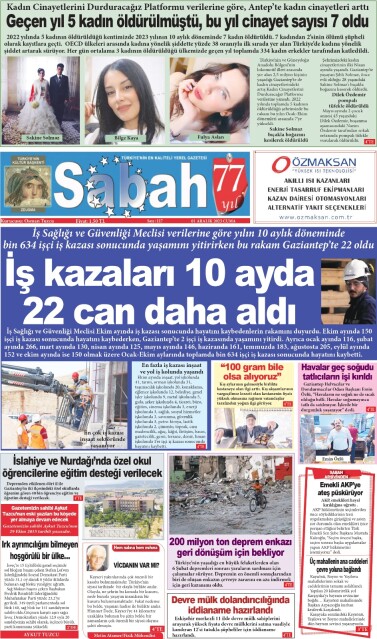 01 Aralık 2023 Gaziantep Sabah Gazetesi