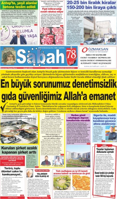 26 Şubat 2024 Gaziantep Sabah Gazetesi