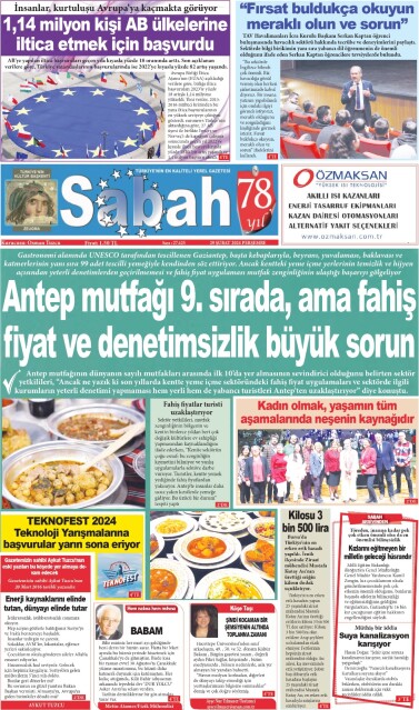 29 Şubat 2024 Gaziantep Sabah Gazetesi