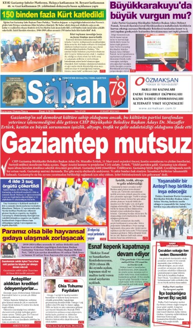 19 Mart 2024 Gaziantep Sabah Gazetesi