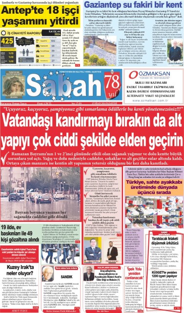 15 Nisan 2024 Gaziantep Sabah Gazetesi