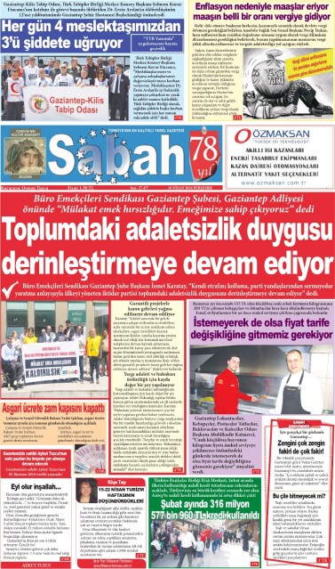 18 Nisan 2024 Gaziantep Sabah Gazetesi