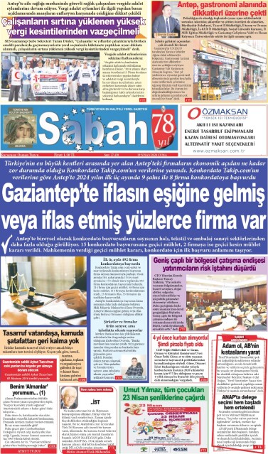 19 Nisan 2024 Gaziantep Sabah Gazetesi