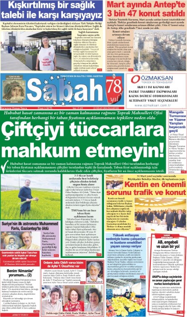 22 Nisan 2024 Gaziantep Sabah Gazetesi