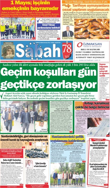 01 Mayıs 2024 Gaziantep Sabah Gazetesi