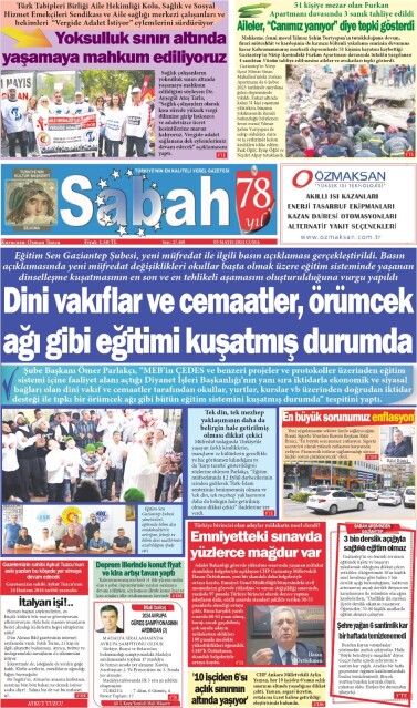 03 Mayıs 2024 Gaziantep Sabah Gazetesi