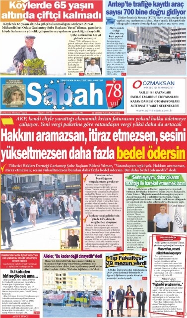 01 Temmuz 2024 Gaziantep Sabah Gazetesi
