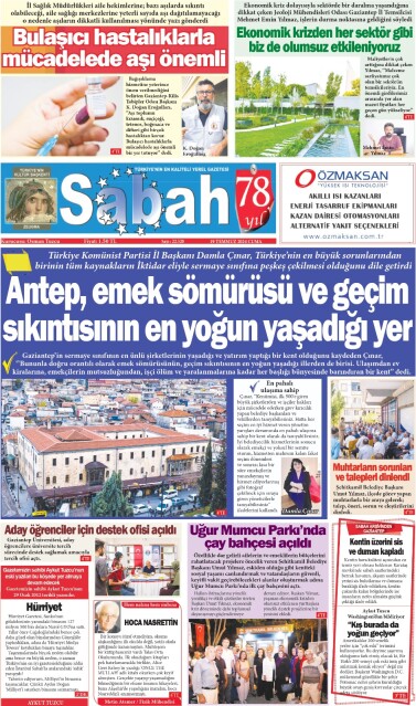 19 Temmuz 2024 Gaziantep Sabah Gazetesi