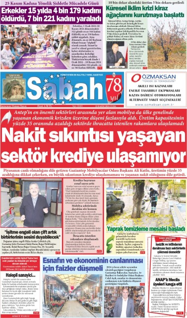 22 Kasım 2024 Gaziantep Sabah Gazetesi