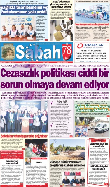 26 Kasım 2024 Gaziantep Sabah Gazetesi