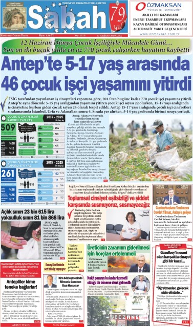 13 Haziran 2025 Gaziantep Sabah Gazetesi