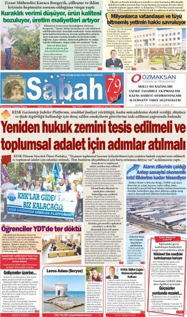 23 Haziran 2025 Gaziantep Sabah Gazetesi