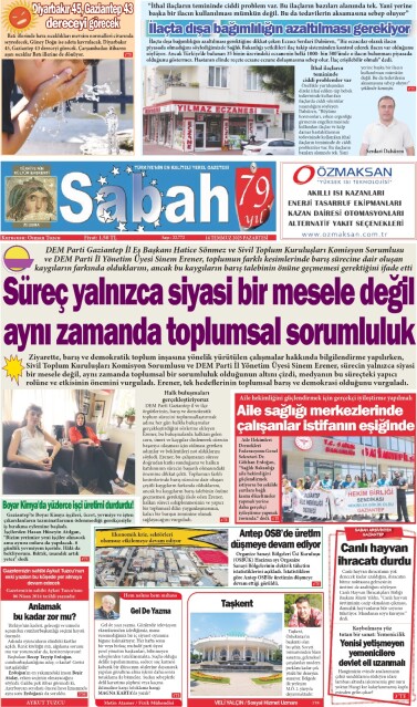 14 Temmuz 2025 Gaziantep Sabah Gazetesi
