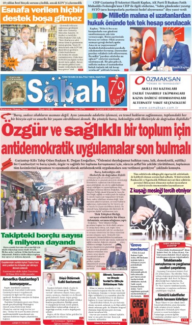 16 Temmuz 2025 Gaziantep Sabah Gazetesi