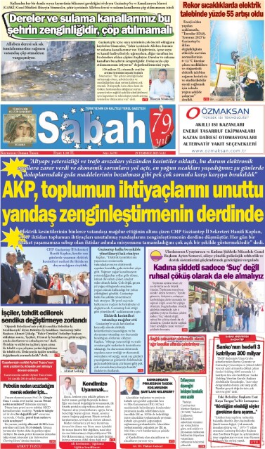 29 Temmuz 2025 Gaziantep Sabah Gazetesi
